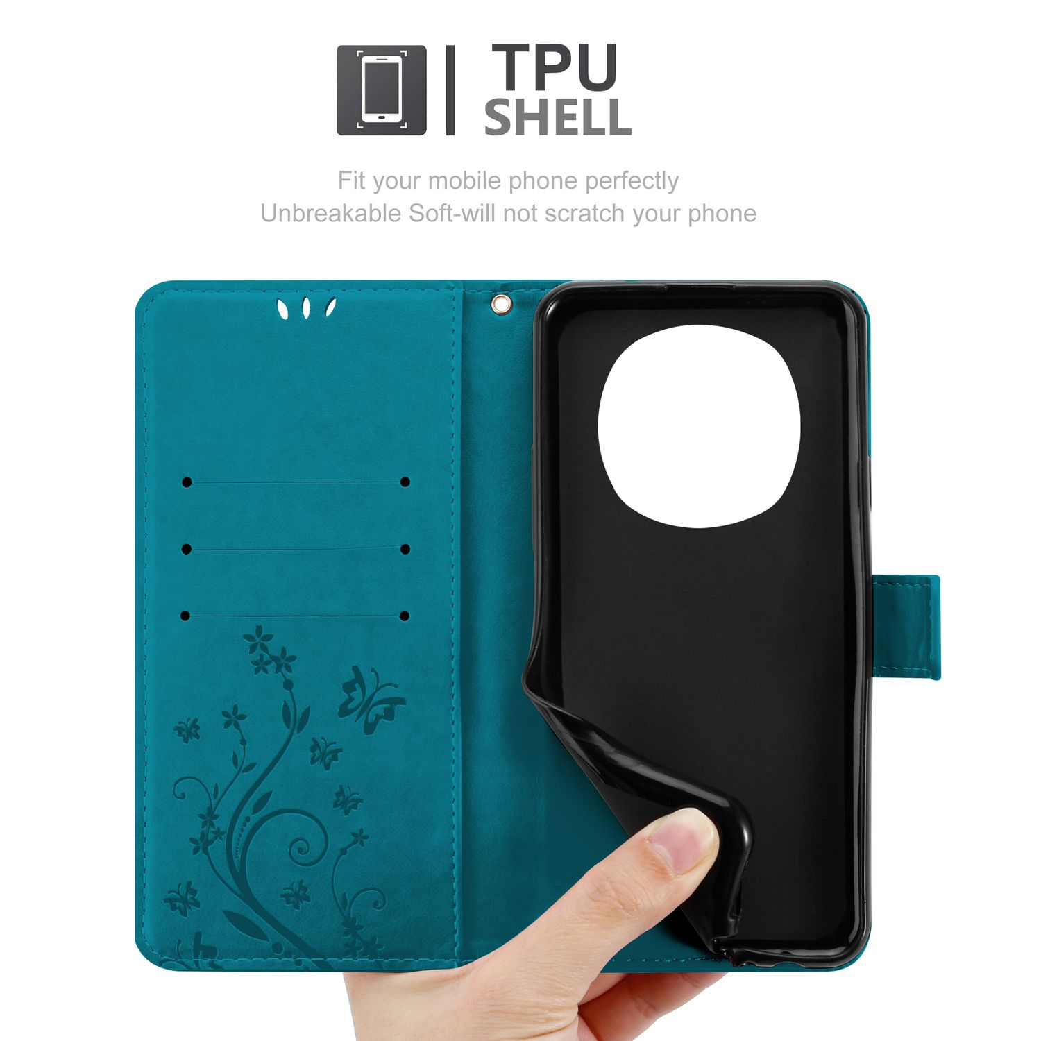 Eine türkisfarbene Handyhülle offen, zeigt ein schwarzes Telefon mit Blumendesign und eine Hand, die es hält.