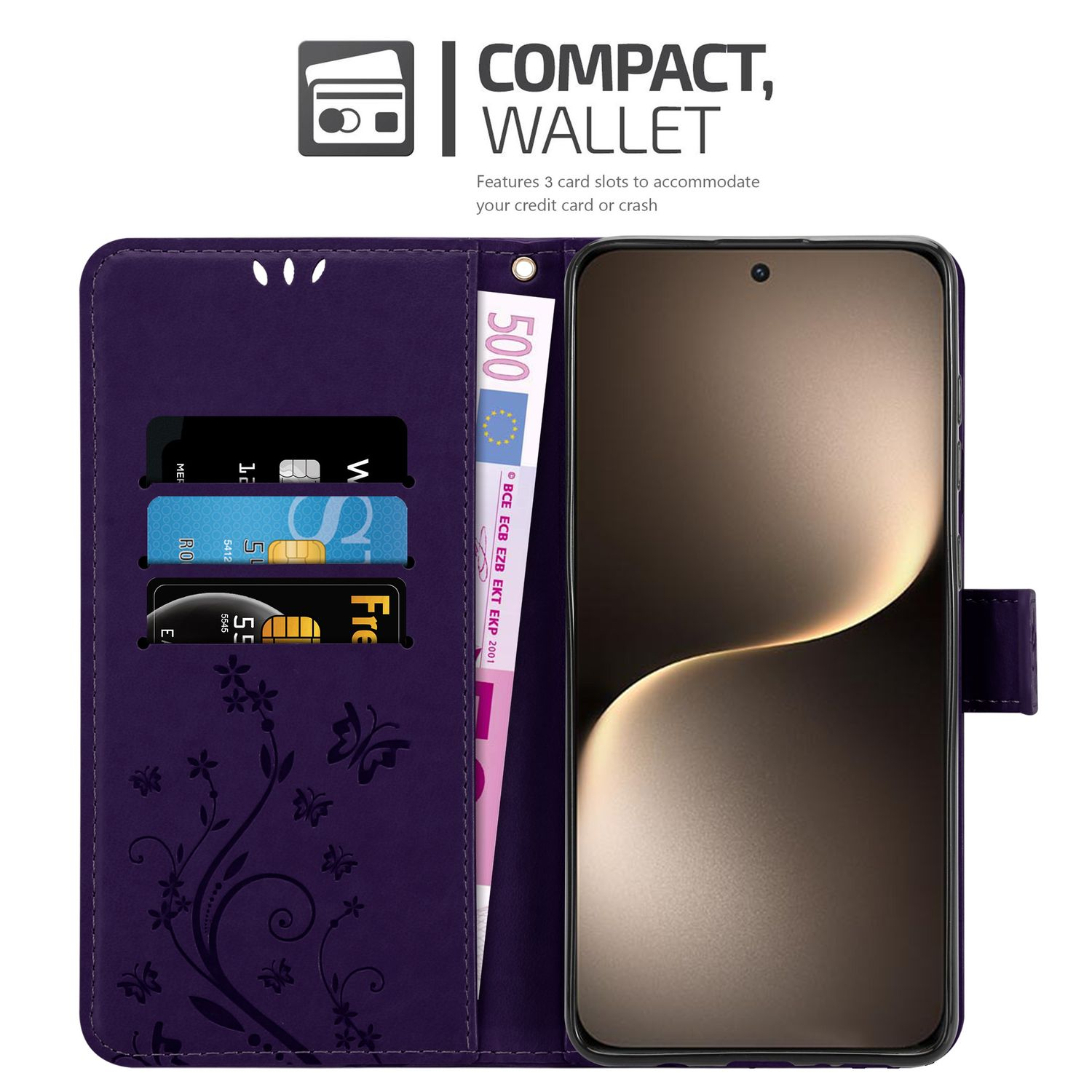 Lila Telefon-Geldbörse mit Karten, Bargeld und Telefon. Blumendesign auf der linken Seite.