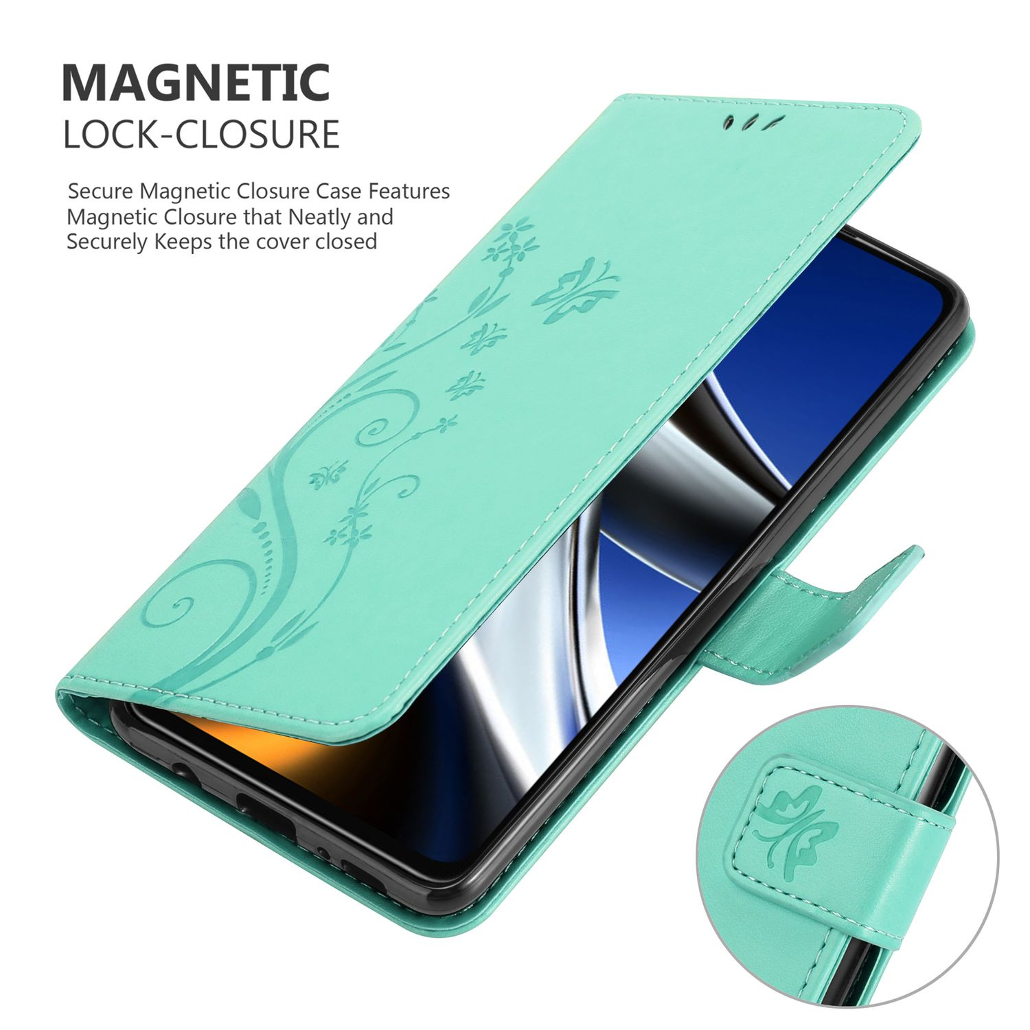 Eine türkisfarbene Handyhülle, offen, zeigt ein Telefon. Blumendesign, Magnetverschluss sichtbar. Detailansicht des Verschlusses.