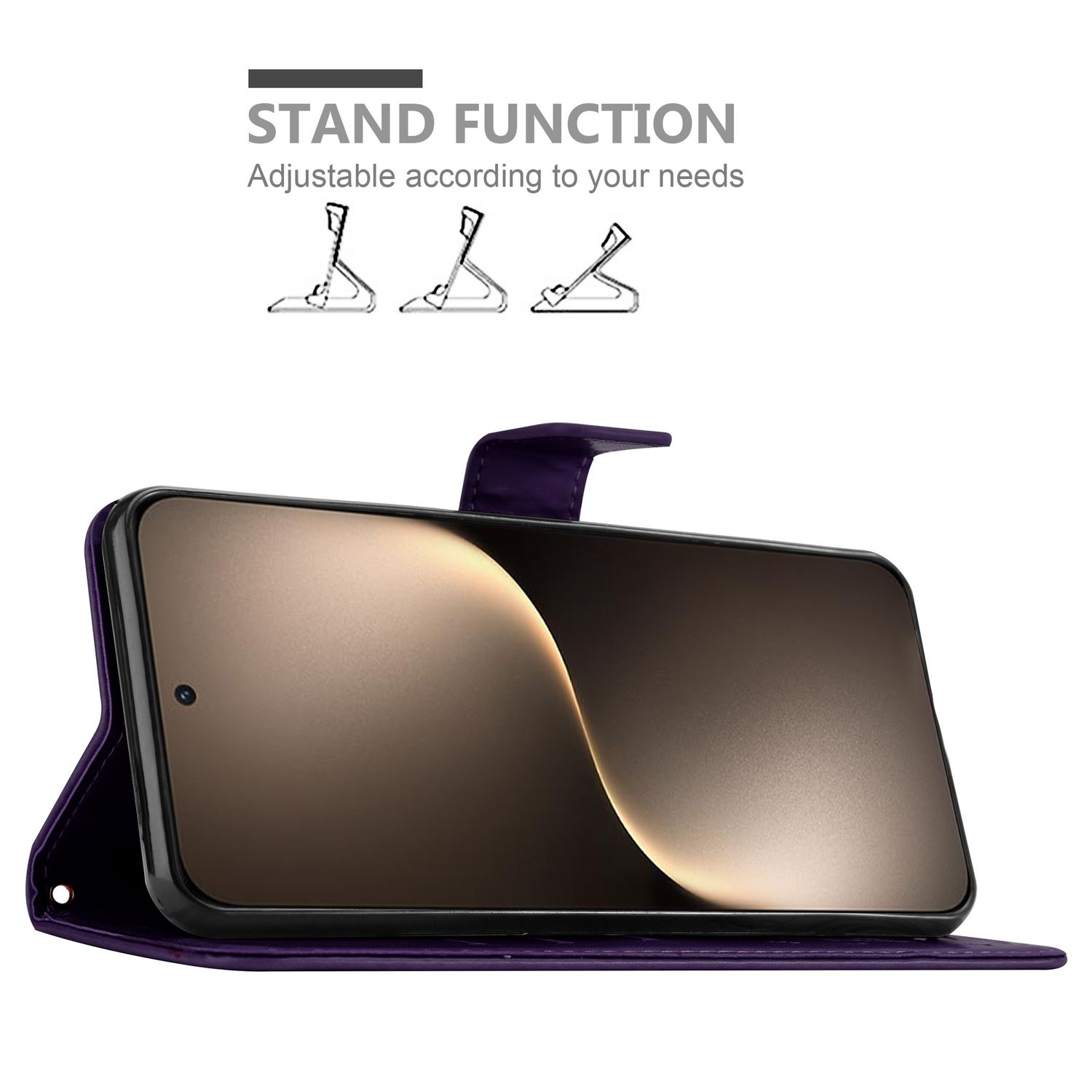 Handyhülle, Telefonbildschirm. Standfunktion in Zeichnungen gezeigt. Lila Hülle, schwarzes Telefon.