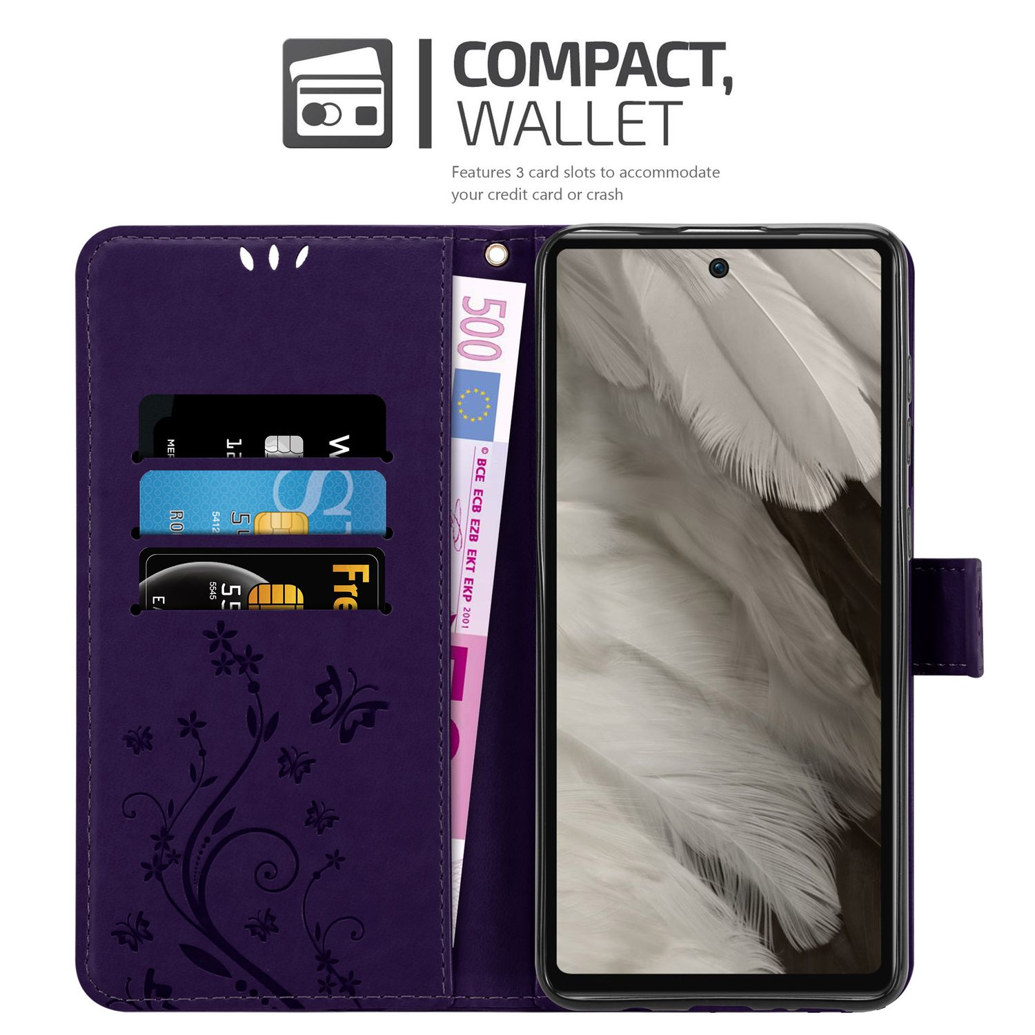 Lila Geldbörsenetui mit Kartenfächern, Geld und Telefon. Text: KOMPAKT, GELDBÖRSE.