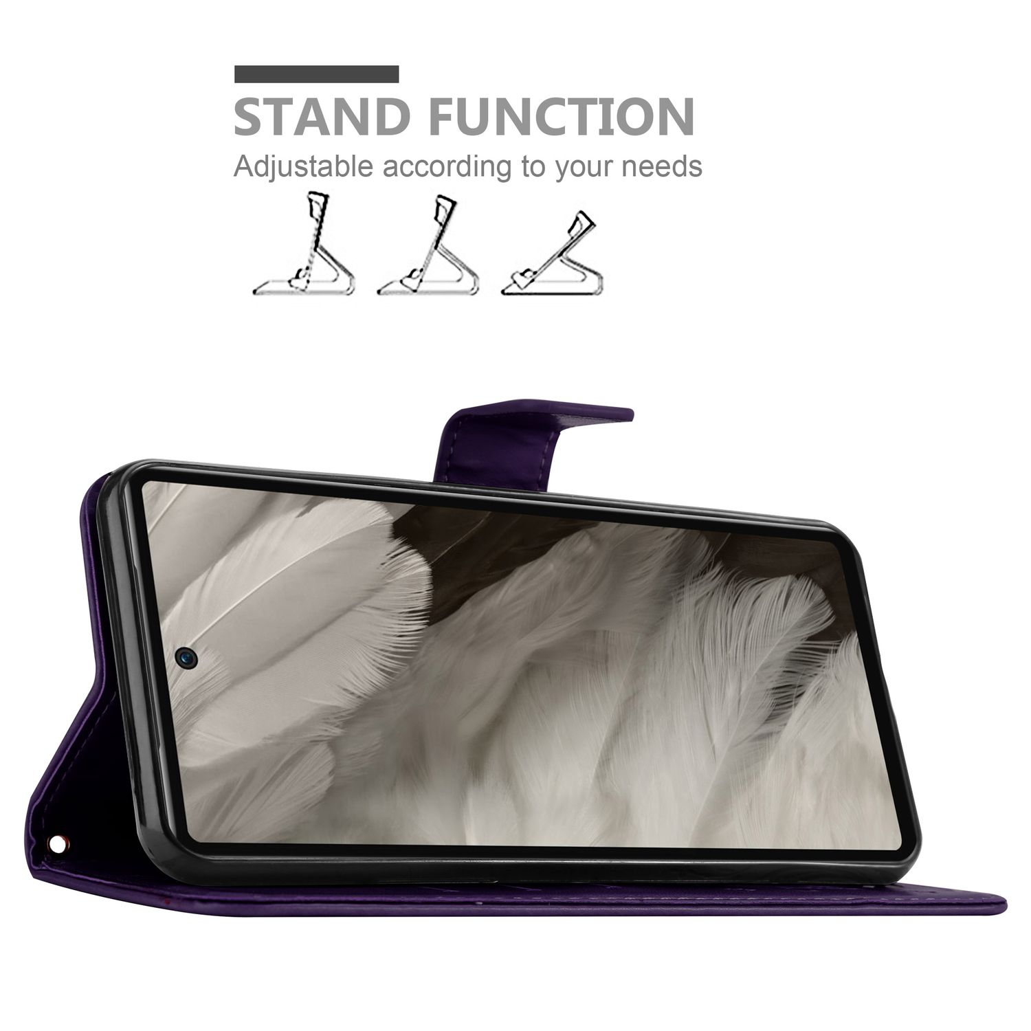 Lila Handyhülle mit Handy. Oben wird eine Standfunktion angezeigt.