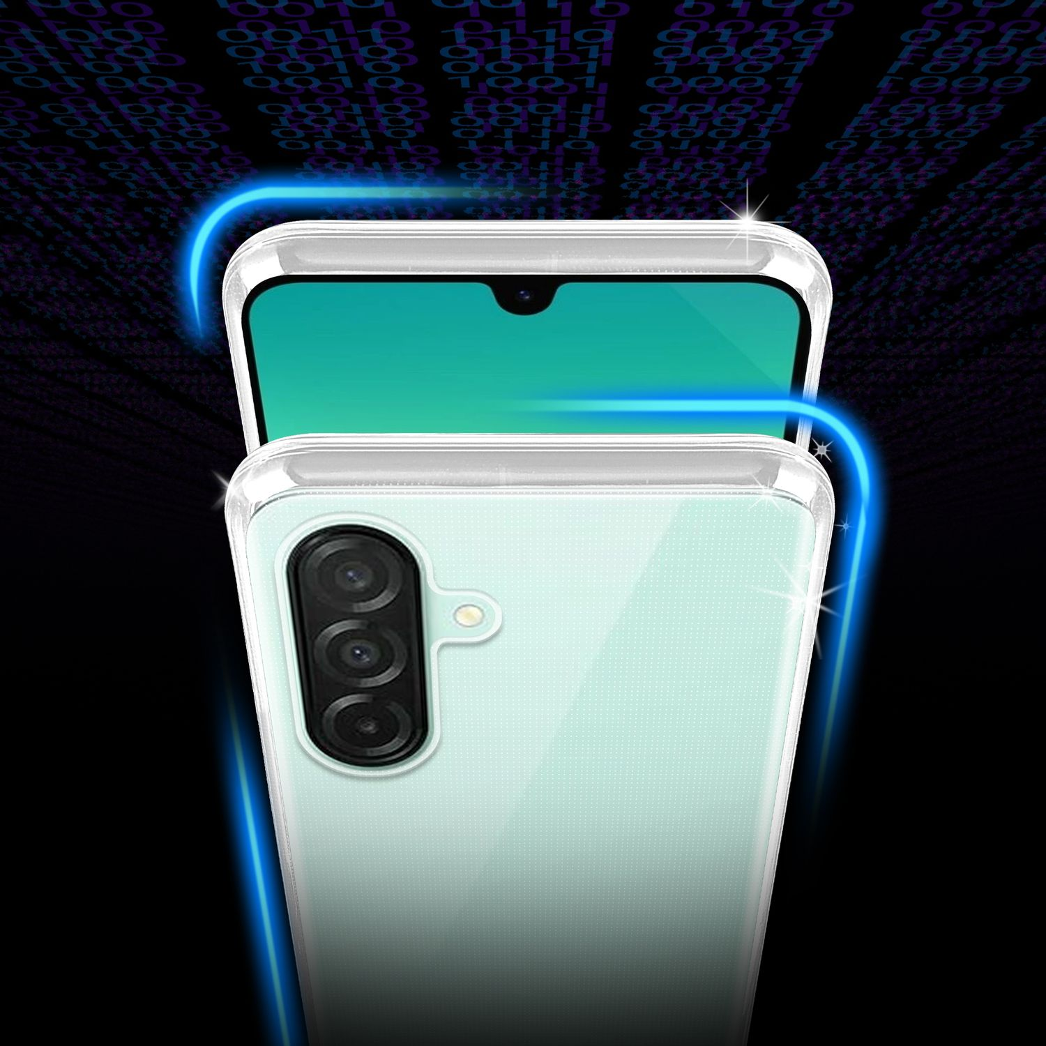 Nahaufnahme einer Handyhülle mit Telefon darin. Die Hülle ist klar und das Telefon ist mintgrün.