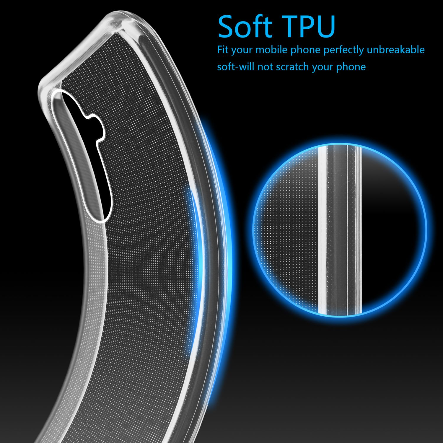 Transparente Handyhülle mit weißen Details, zeigt Seite und Rückseite des Telefons.