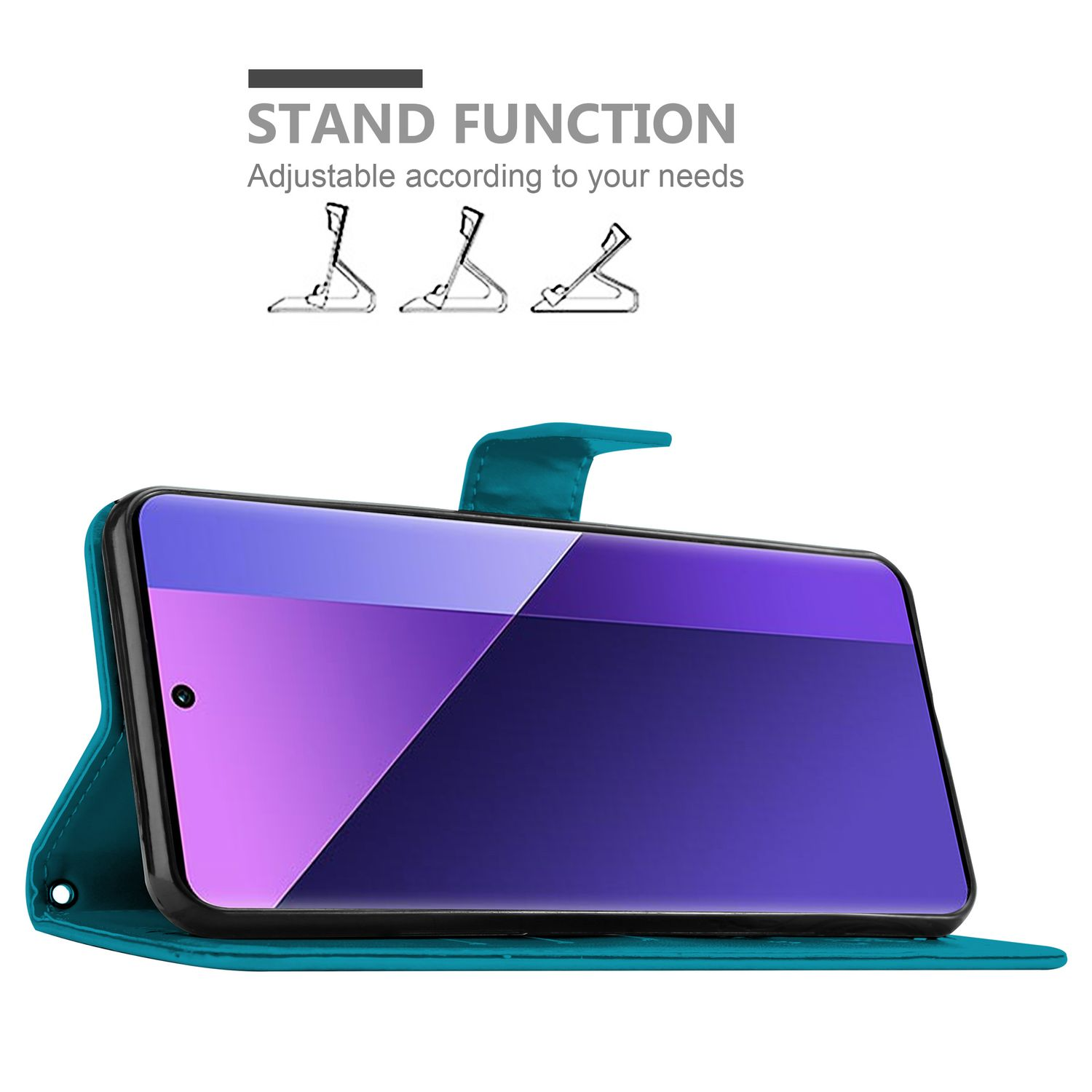 Türkisfarbene Handyhülle mit Telefon, auf weißem Hintergrund. Text: 'Standfunktion'.