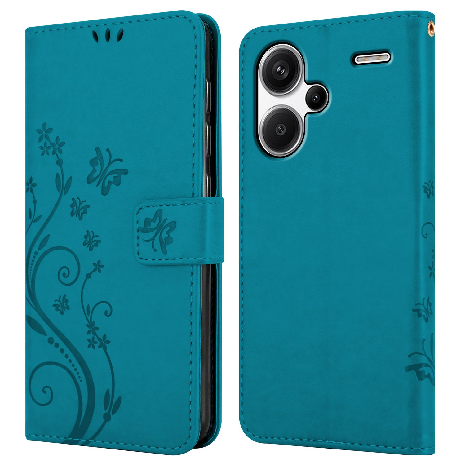 Türkisfarbene Handyhülle, geschlossen, mit Blumendesign und Telefon darin.