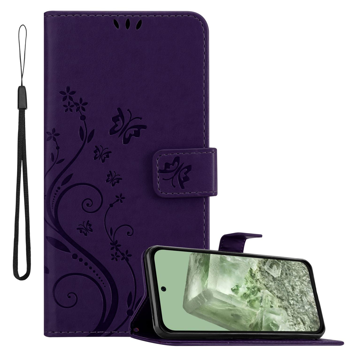 Lila Handyhülle mit floralem Design und Schmetterlingen. Telefon ist innen dargestellt. Inklusive Handschlaufe.