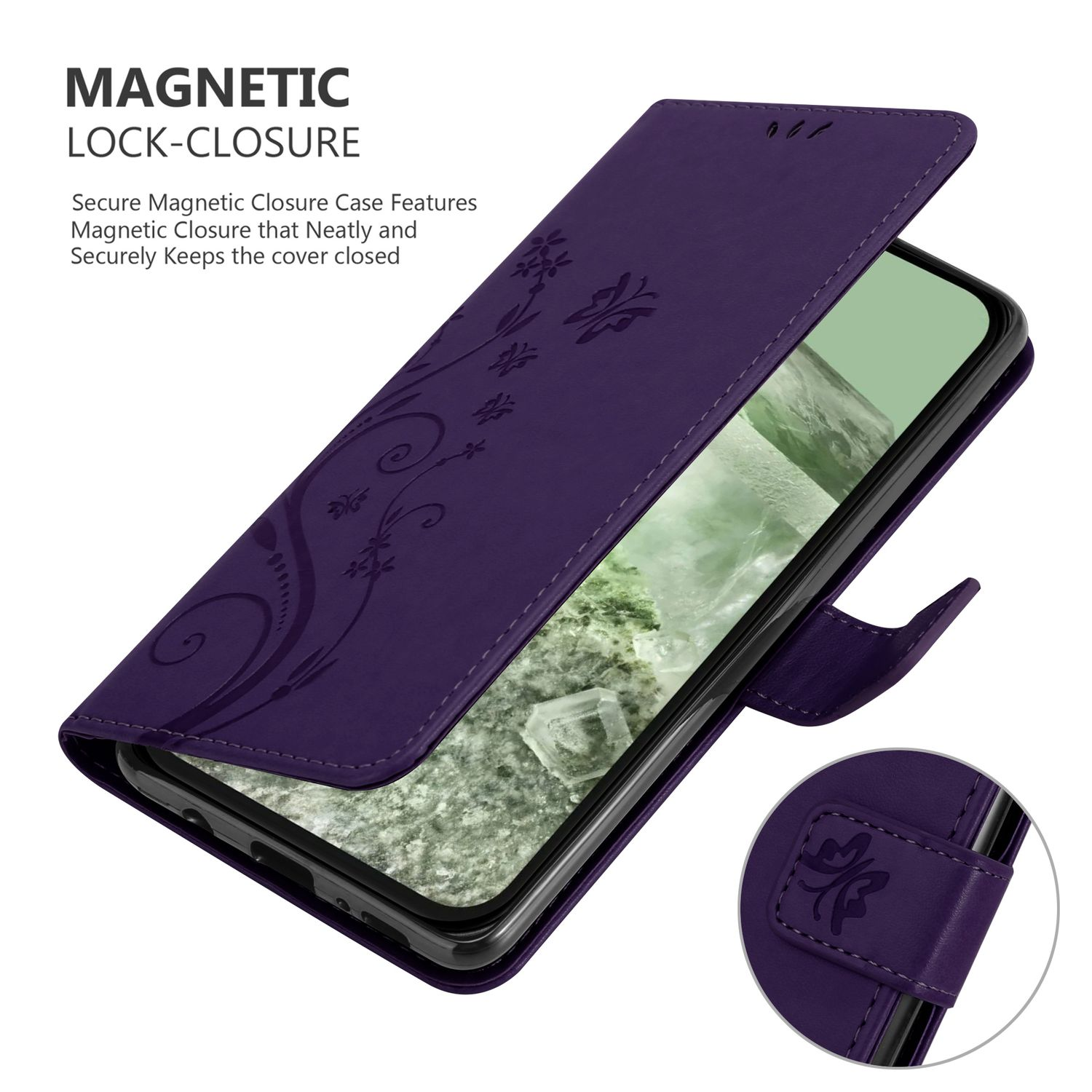Eine lila Handyhülle mit floralem Design, offen, das Telefon zeigt den Bildschirm und einen Schließmechanismus.