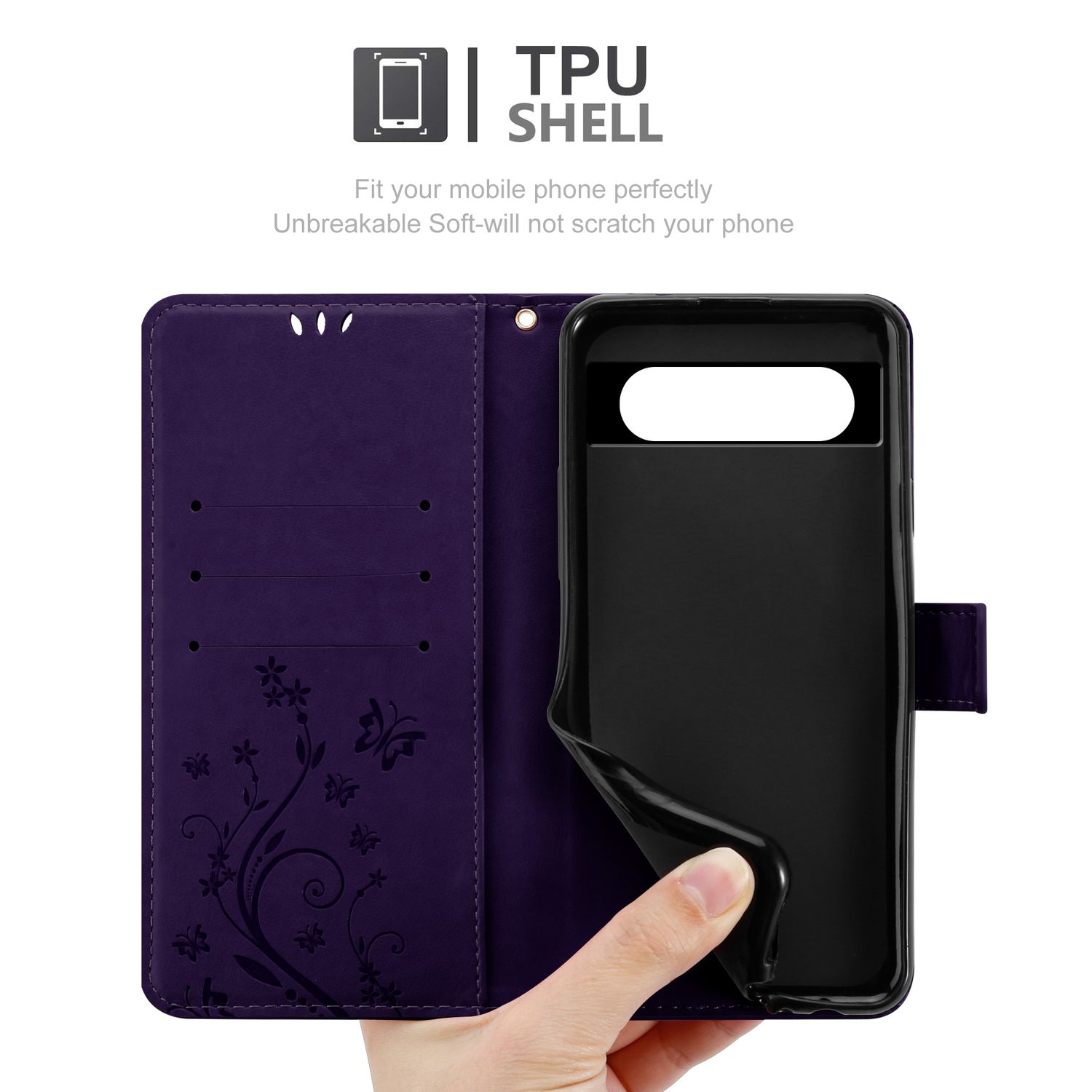 Eine lila Handyhülle mit offenem Design, die ein Telefon im Inneren zeigt, gehalten von einer Hand.