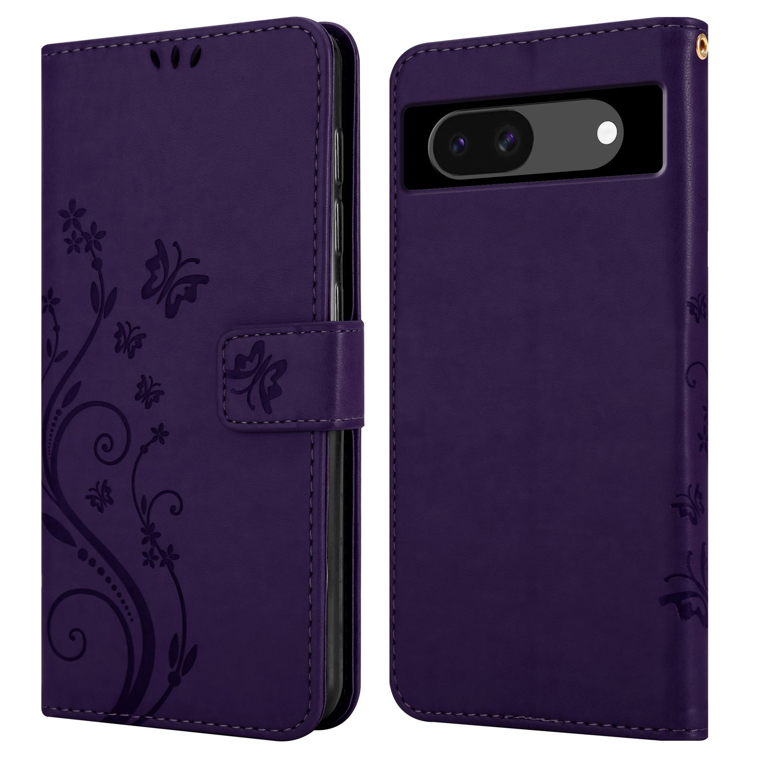 Eine lila Handyhülle mit floralem Muster, geöffnet, um das Telefon zu zeigen.