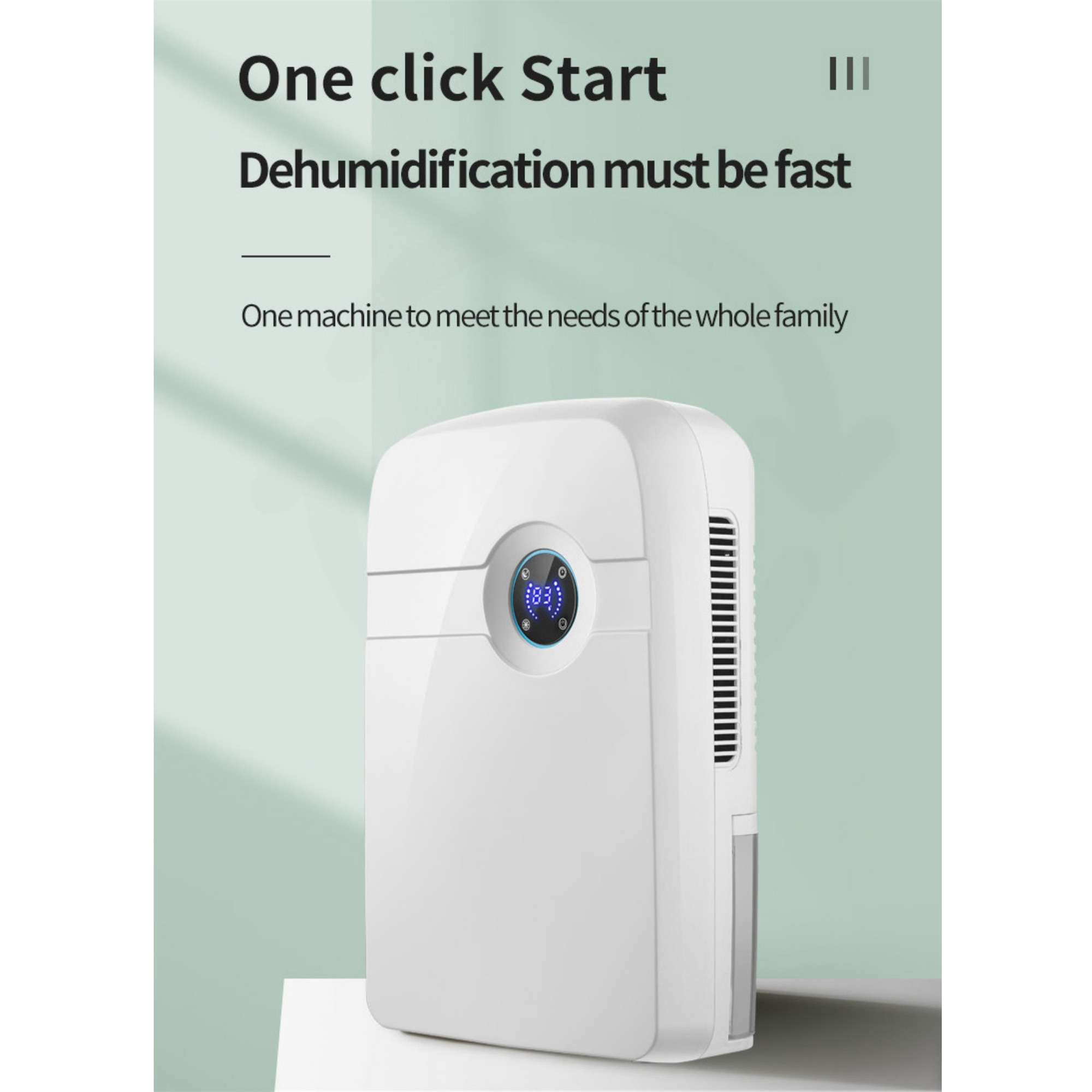 Weißer Luftentfeuchter mit Digitalanzeige und Wasserauffangbehälter.