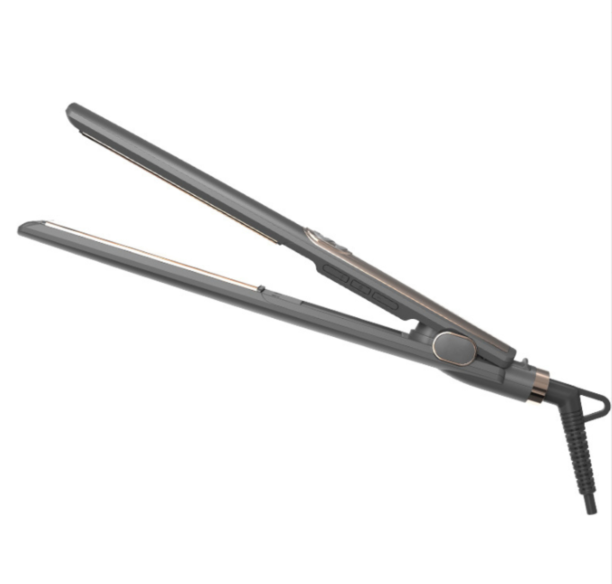 Ein grauer Haarglätter, geöffnet und einsatzbereit. Der Haarglätter hat eine metallische Farbe.