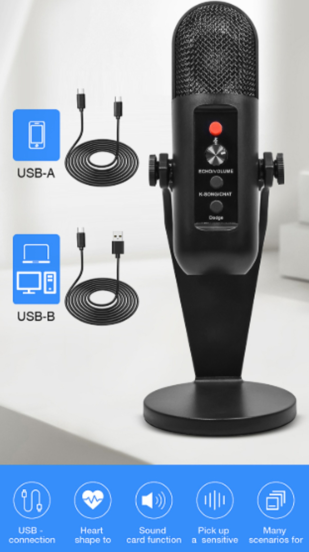 Schwarzes Mikrofon mit USB-Kabeln und Ständer. Symbole von Telefon und Laptop werden gezeigt.