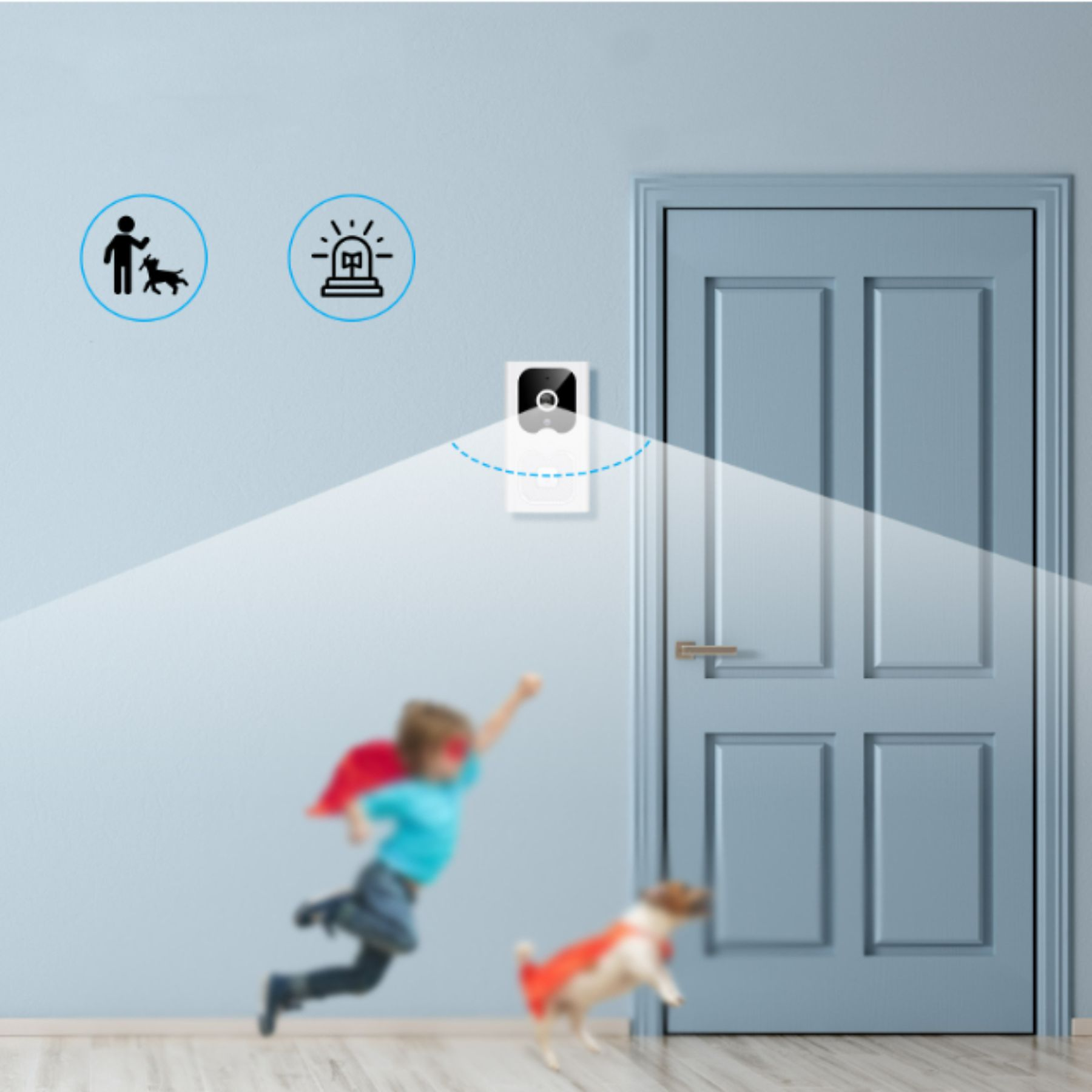 Sicherheitskamera an einer Wand. Ein Junge und Hund sind verschwommen, als ob sie rennen. Symbole.