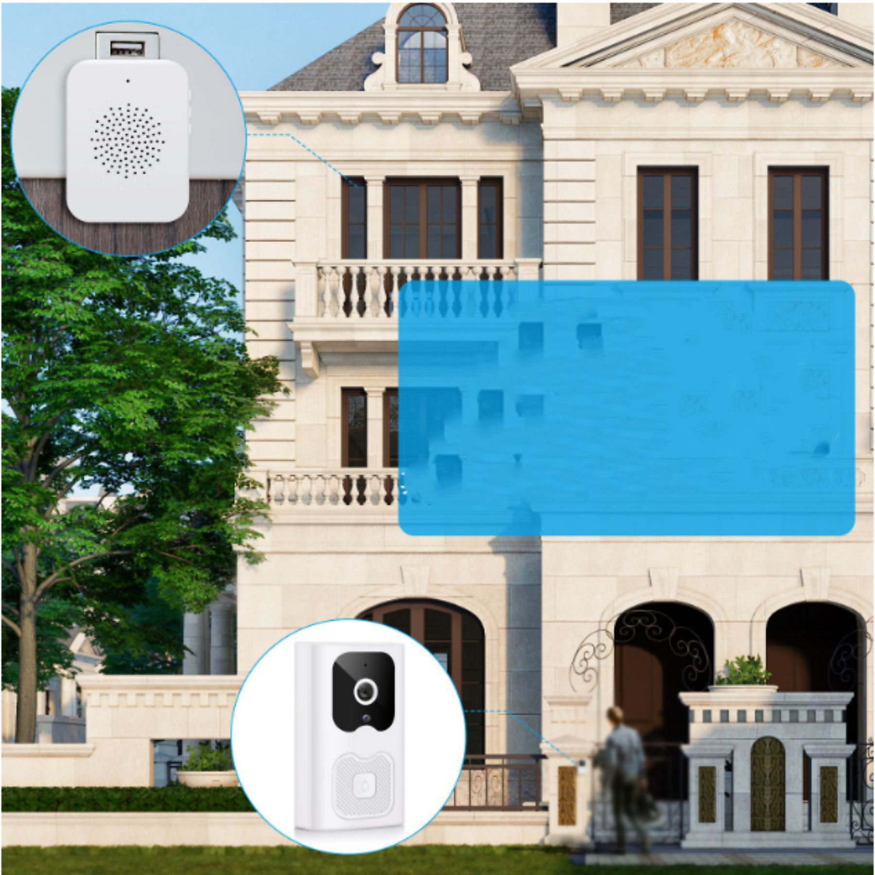 Ein Haus mit einer weißen Türklingelkamera und einem kleinen Lautsprecher, mit einem blauen Rechteck über dem Haus.