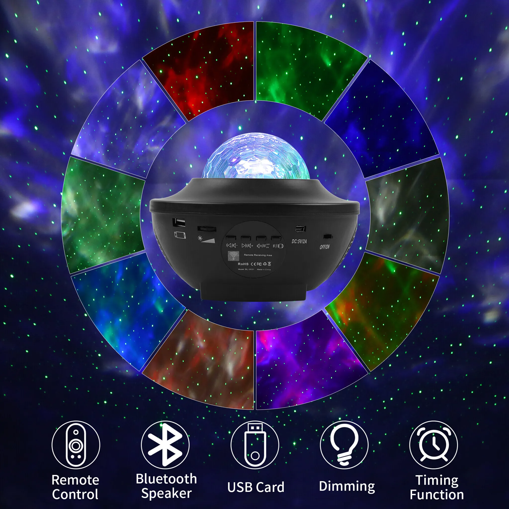 Schwarzer Galaxy-Projektor mit bunten Lichtern, die auf einen dunklen Hintergrund projiziert werden.