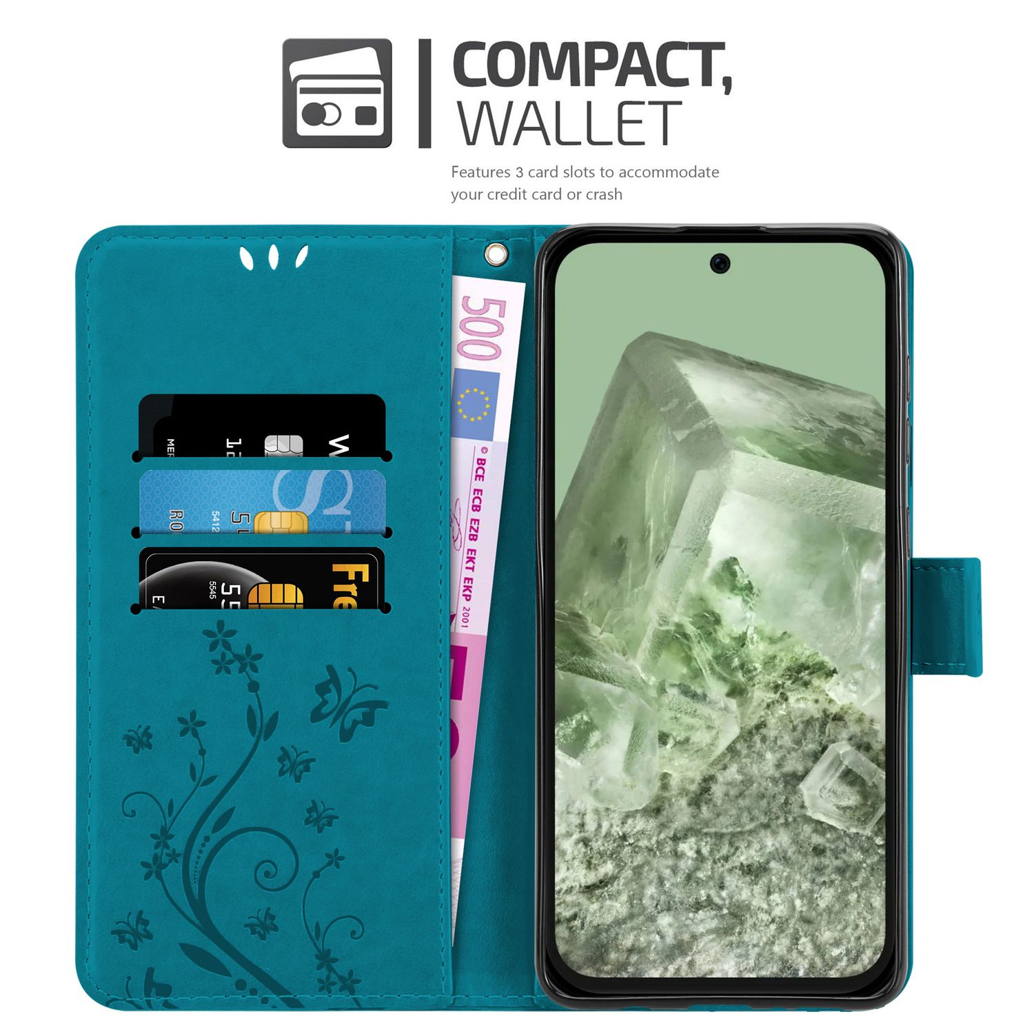 Türkisfarbene Geldbörsenhülle mit Karten, Bargeld und Telefon. Mit Blumendesign und Schmetterling.