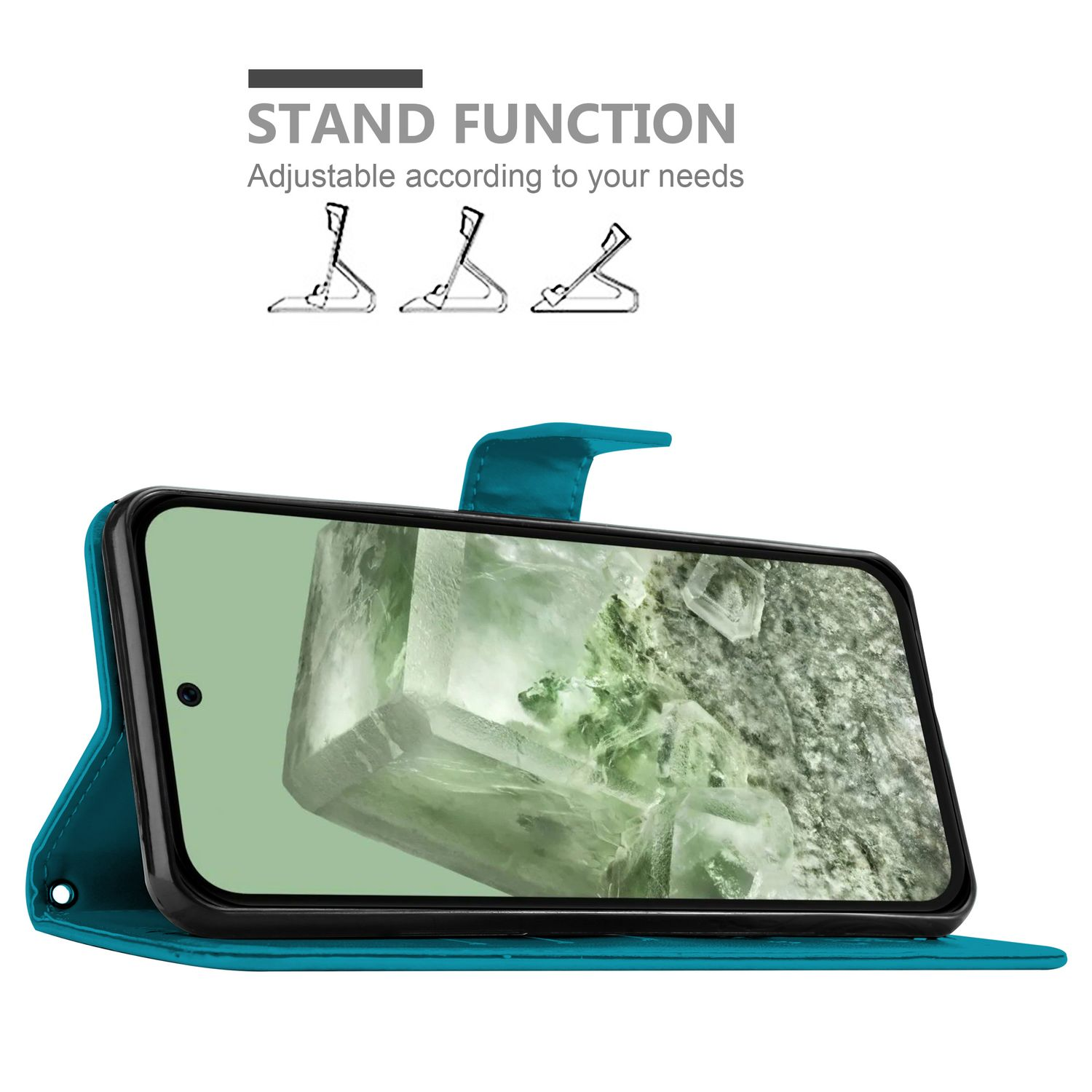 Blaue Handyhülle mit Telefon mit grünem Bildschirm, die Standfunktion mit Illustrationen zeigt.