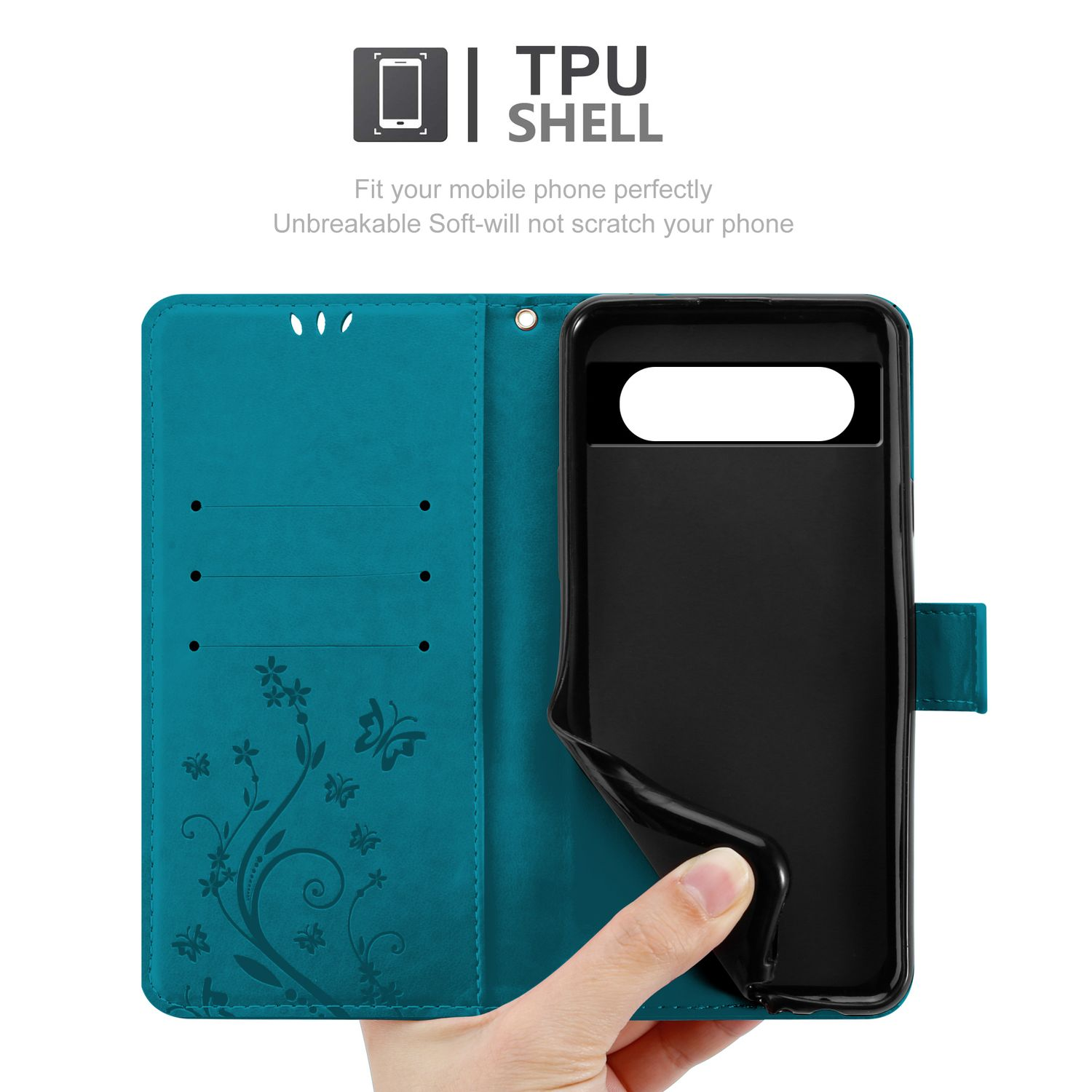 Türkisfarbene Handyhülle, geöffnet, um einen schwarzen Telefonhalter freizugeben. Hand hält die Hülle. Blumen- und Schmetterlingsdesign.