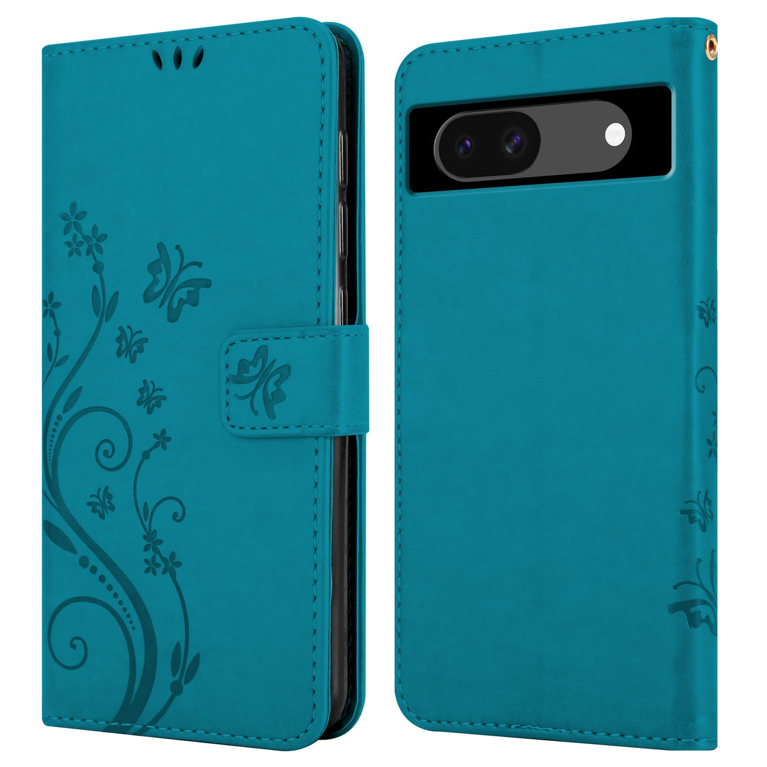 Türkisfarbene Handyhülle mit Schmetterlings- und Blumendesign, geschlossen und geöffnet, um das Telefon zu zeigen.