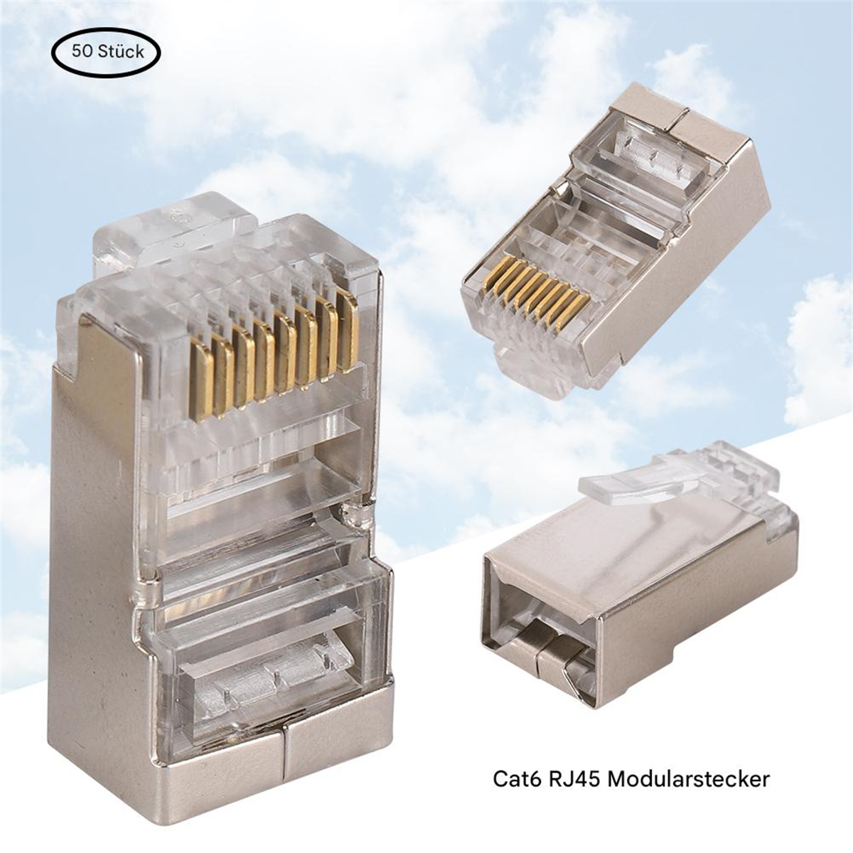 Drei Cat6 RJ45 Modularstecker, klarer Kunststoff und Silbermetall.