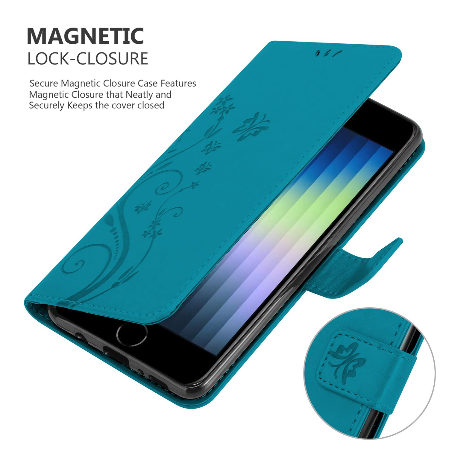 Türkisfarbenes Telefoncase mit Blumendesign, geöffnet, um Telefon und Magnetverschluss zu zeigen.