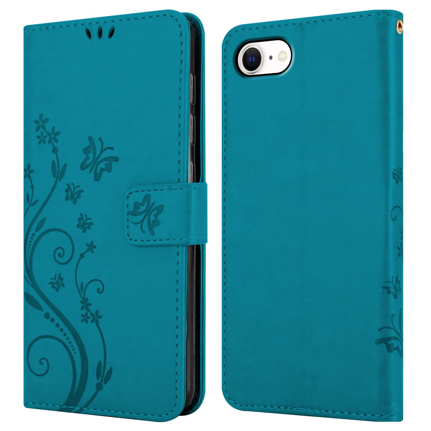 Türkisfarbene Handyhülle geöffnet, zeigt ein Telefon und ein Blumen-Schmetterlings-Design. Zwei Seiten sichtbar.