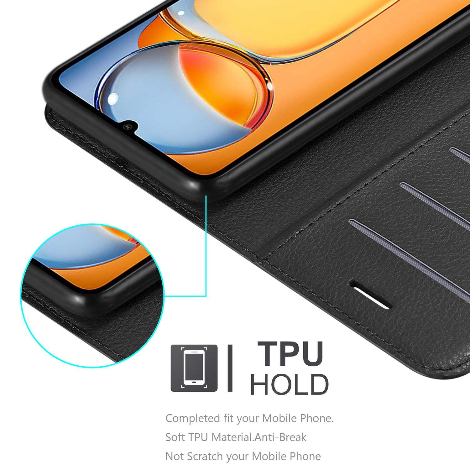 Ein schwarzes Telefon in einer Hülle. Nahaufnahme zeigt die Kanten und die TPU-Haltefunktion.