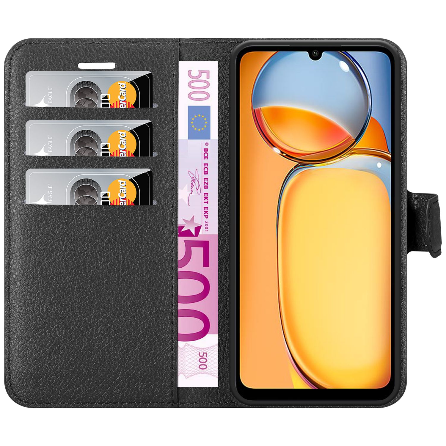 Eine schwarze Handyhülle mit Schlitzen für Karten und einem Euro-Schein, mit einem Telefon darin.