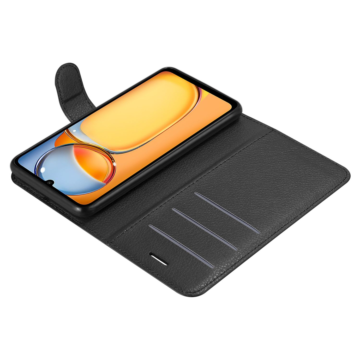 Ein schwarzes Telefon in einer schwarzen Lederhülle. Die Hülle ist geöffnet und zeigt den Bildschirm und Kartenfächer.