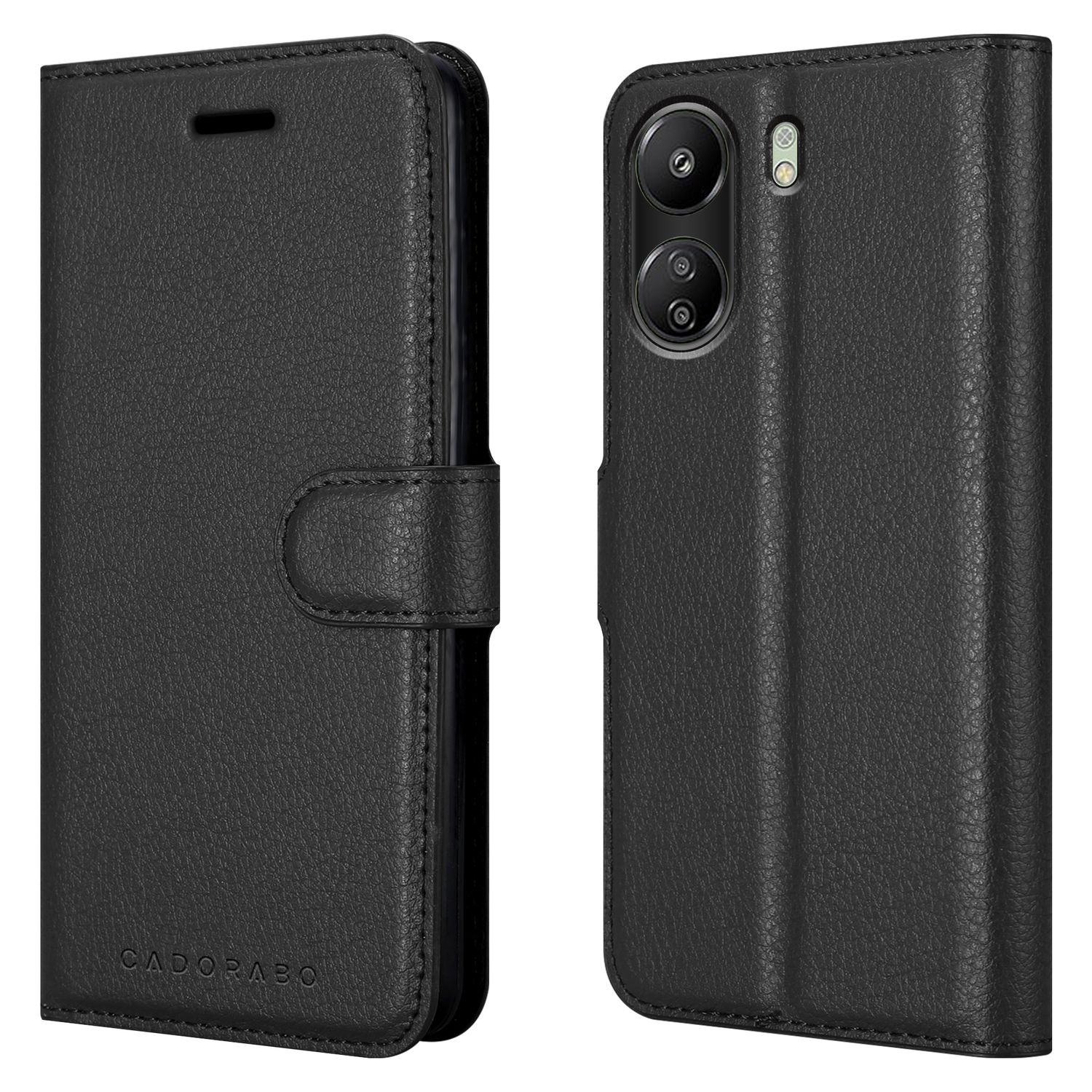 Schwarze Leder-Handyhülle geöffnet, um ein Telefon zu zeigen, mit dem Markennamen CADORABO sichtbar.