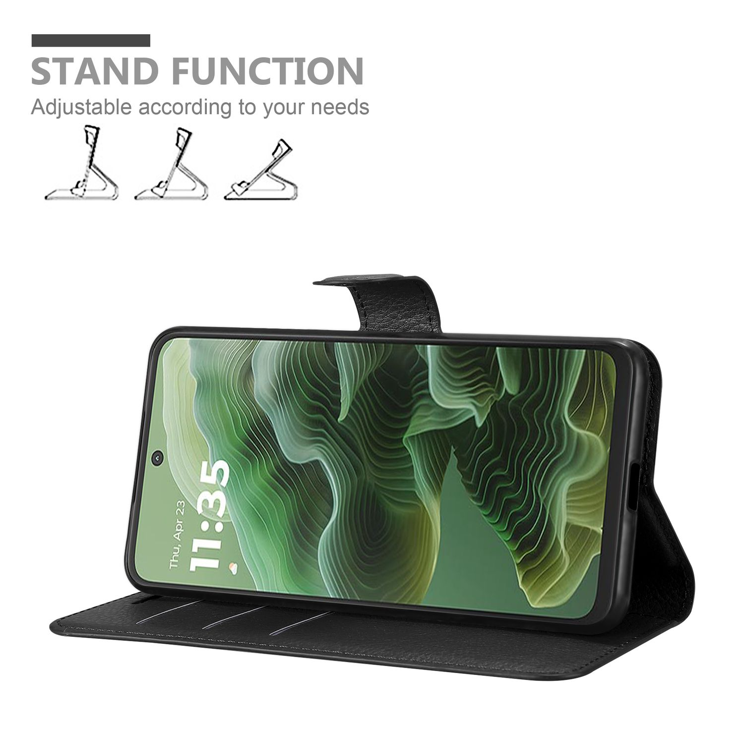 Schwarze Handy-Brieftasche geöffnet, Telefon eingesetzt. Text: Standfunktion. Schwarzer Hintergrund.