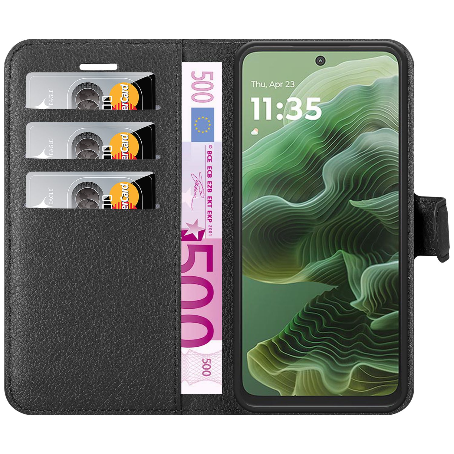Schwarze Brieftaschen-Handyhülle, hält ein Telefon mit digitaler Uhr. Merkmale sind Kartenfächer und ein 500-Euro-Schein.