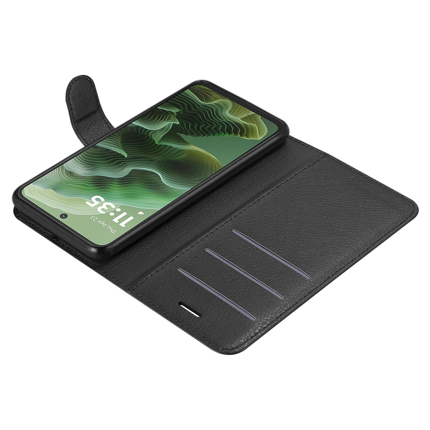 Schwarze Handyhülle mit Telefon darin. Telefonbildschirm zeigt die Uhrzeit. Gehäuse ist offen mit Kartenfächern.