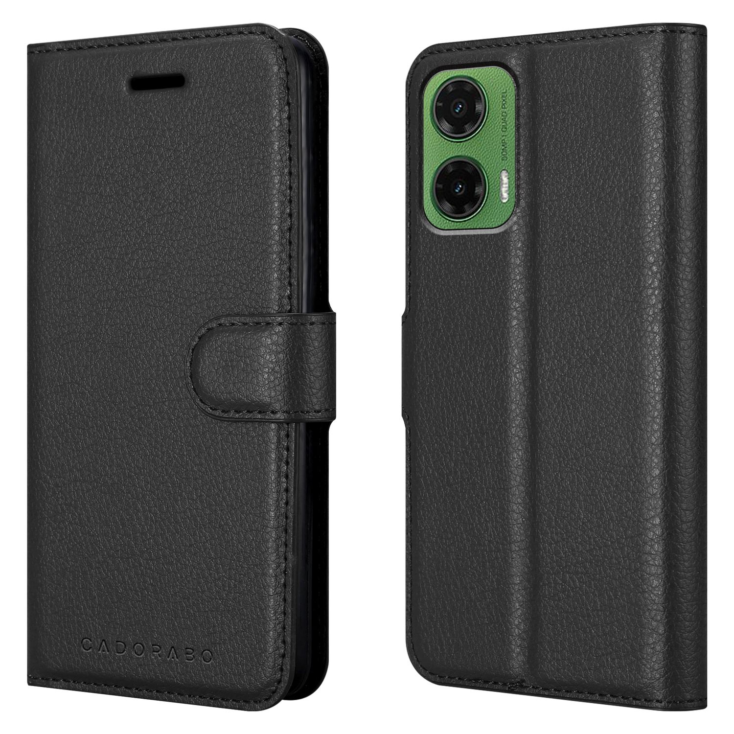 Eine schwarze Leder-Handyhülle, geschlossen und geöffnet, zeigt das Telefon und die Funktionen.