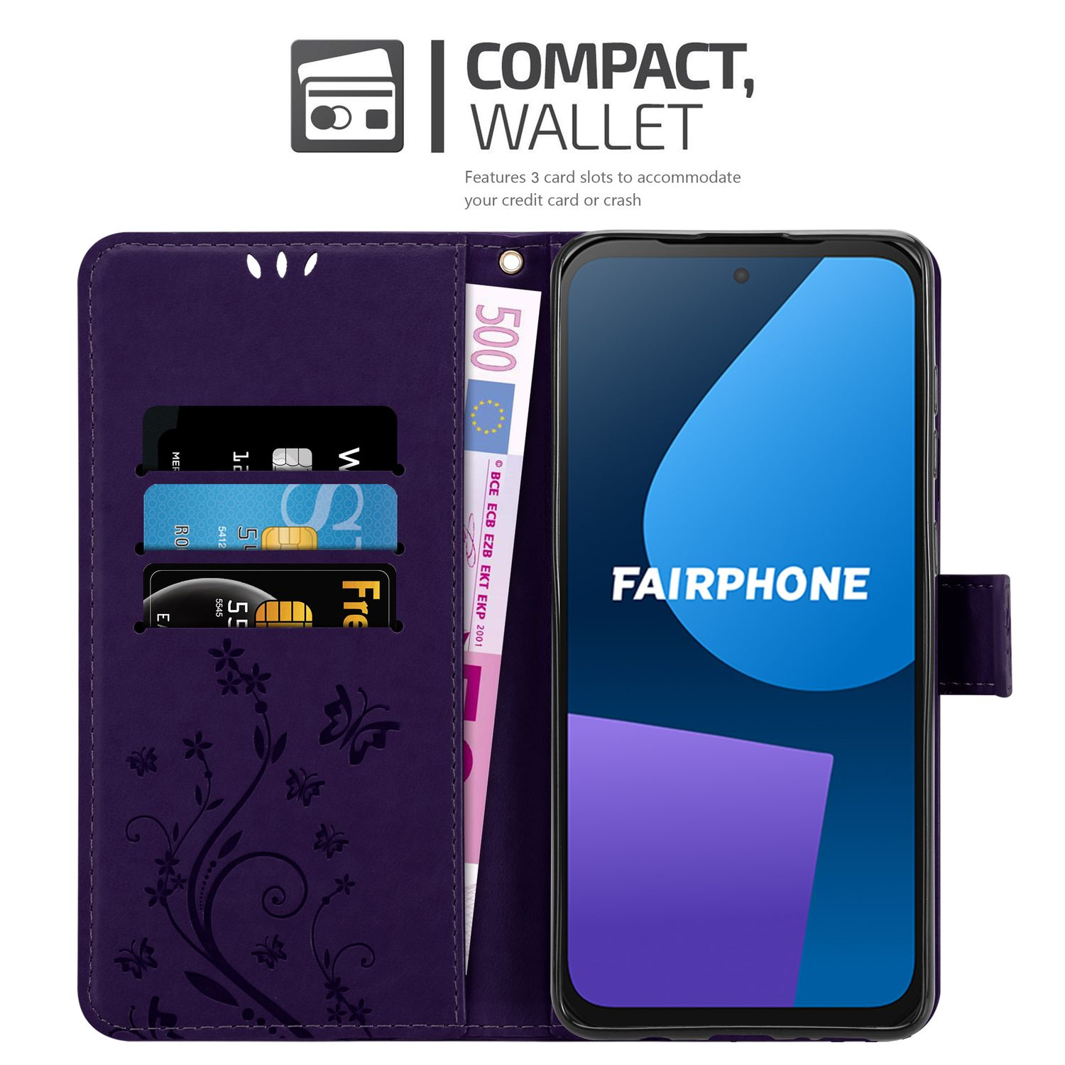 Lila Handyhülle mit Telefon, Kartenfächern und floralem Design.