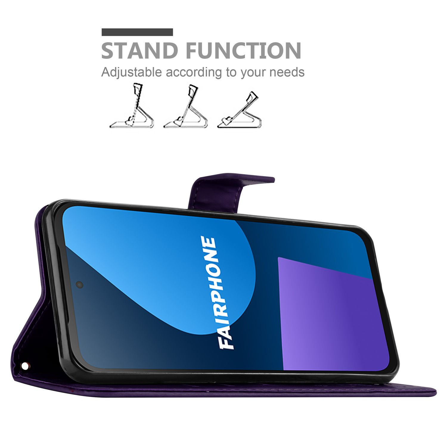 Lila Handyhülle mit Fairphone-Logo auf dem Bildschirm, verstellbare Standfunktion.