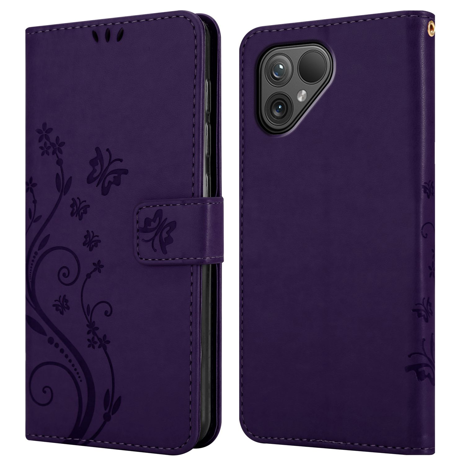 Lila Handyhülle mit Blumenmuster, offen und geschlossen. Zeigt ein Telefon mit Dreifachkamera. Weißer Hintergrund.