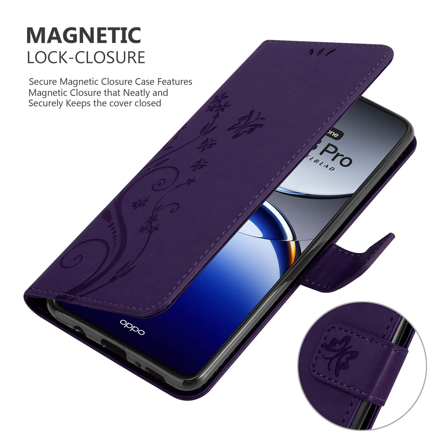 Lila Handyhülle mit floralem Design, geöffnet, zeigt einen Telefonbildschirm.