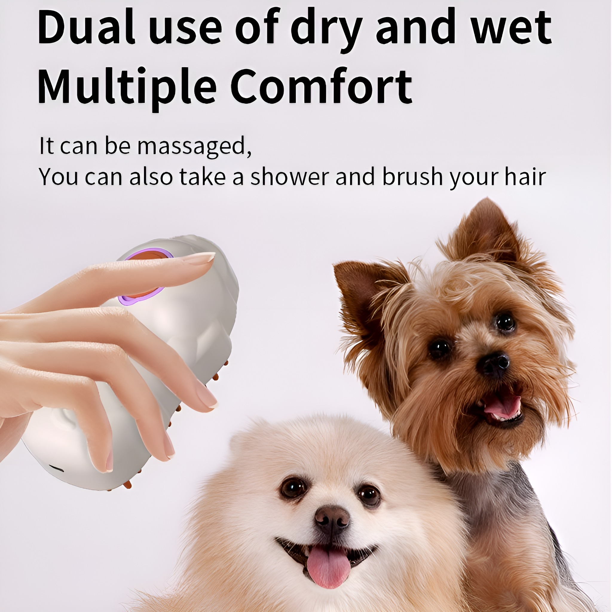 Eine Hand hält ein weißes Haustiermassagegerät. Zwei Hunde, einer braun, schauen in die Kamera.