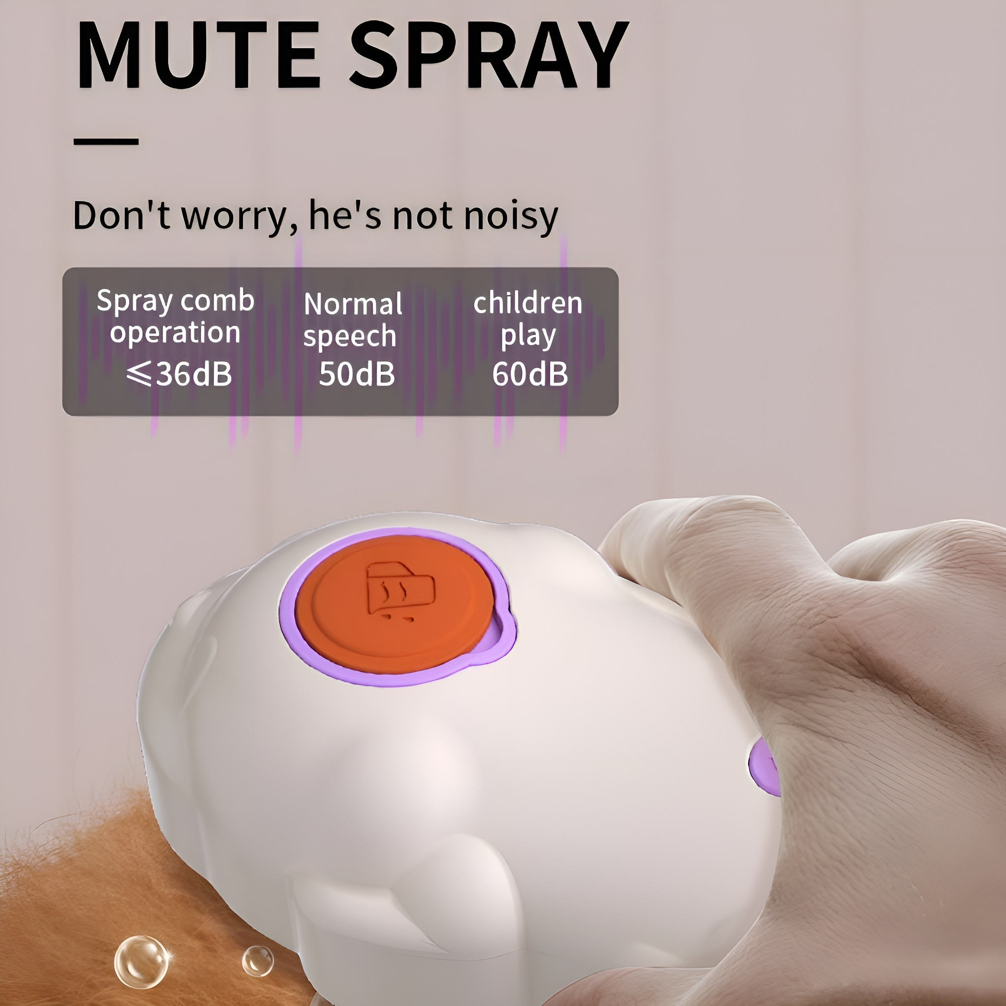 Weißes Gerät sprüht auf einen Hund. Text: Mute Spray, unter 36dB, normale Sprache bei 50dB.
