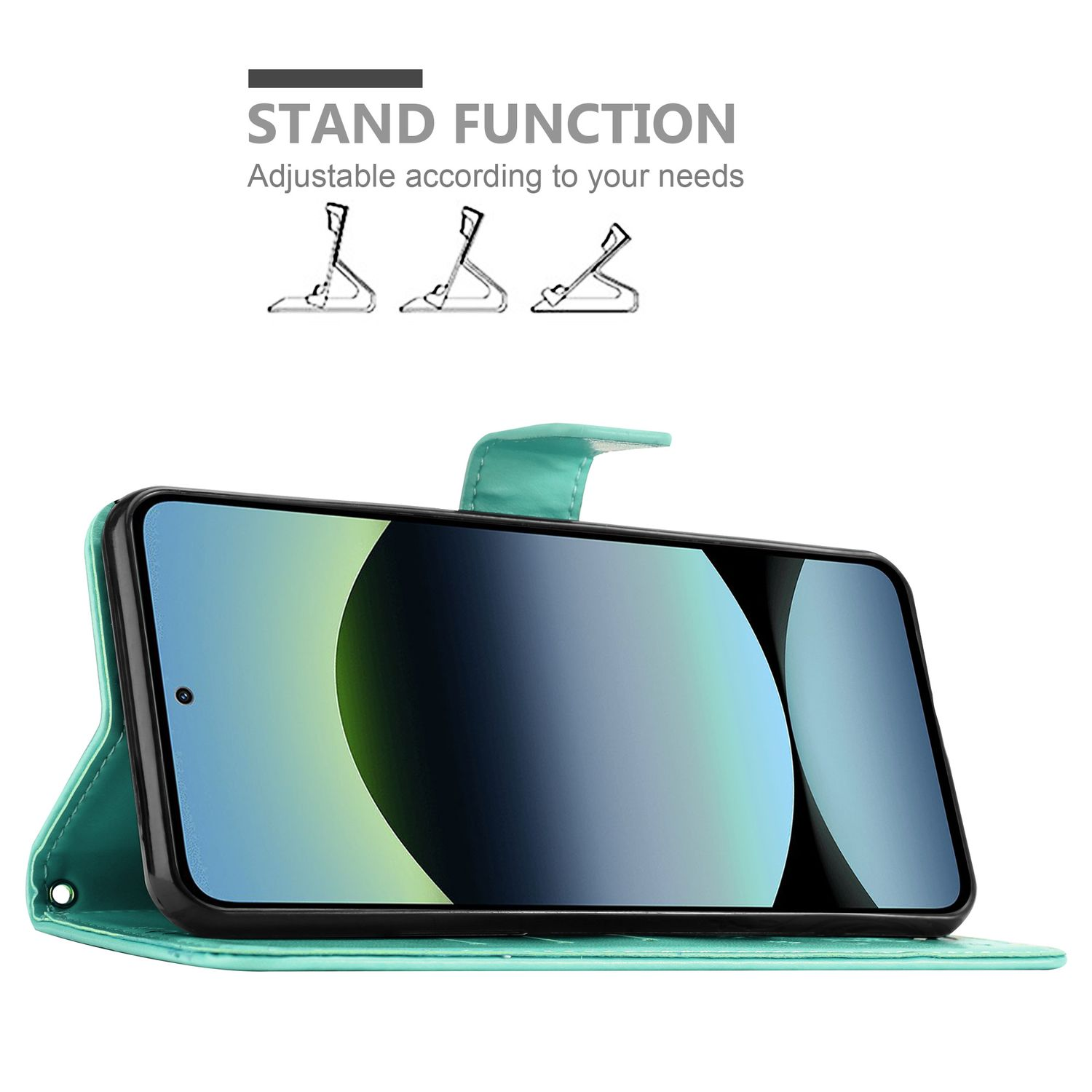 Grüne Handyhülle mit Standfunktion, die ein Telefon hält.