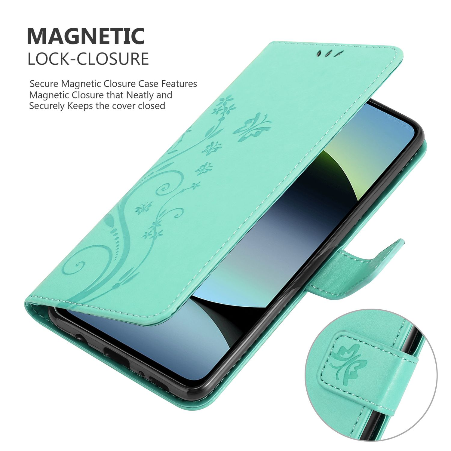 Eine mintgrüne Handyhülle mit floralem Design. Das Telefon ist im Inneren der Hülle sichtbar.