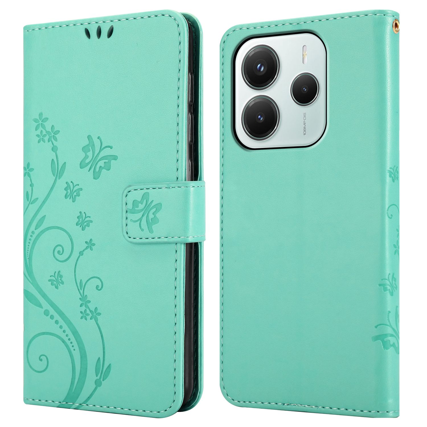 Türkisfarbene Handyhülle mit Schmetterlingsdesign und einem Telefon. Weißer Hintergrund.