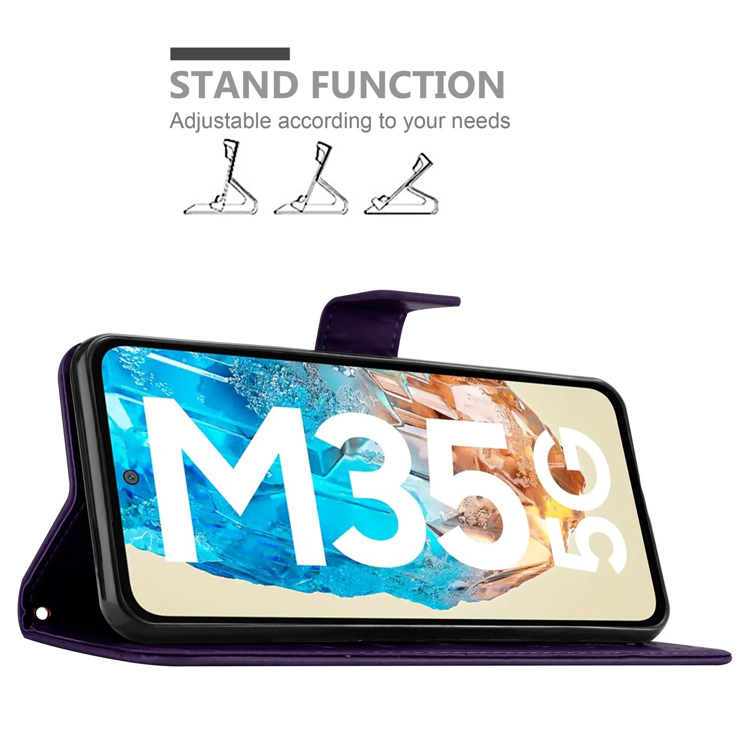 Eine lila Handyhülle mit einem Telefon im Inneren. Die Standfunktion wird oben gezeigt.