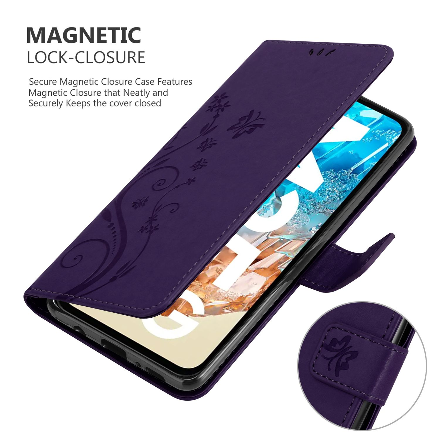 Eine lila Handyhülle mit floralem Design geöffnet, ein Telefon enthüllt. Text lautet 'MAGNETISCHER VERSCHLUSS'.