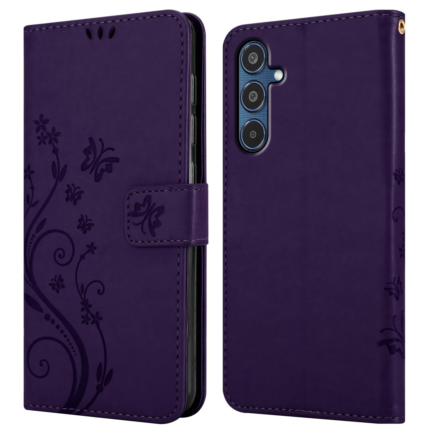 Lila Handyhülle offen, Schmetterlingsdesign. Rechte Seite zeigt das Telefon. Weißer Hintergrund.