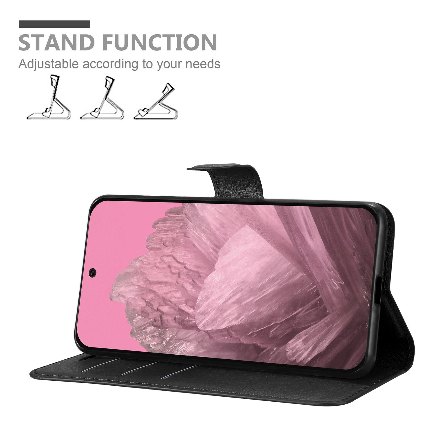 Schwarze Telefonhülle, offen, mit einem Telefon, das einen rosa Hintergrund zeigt.