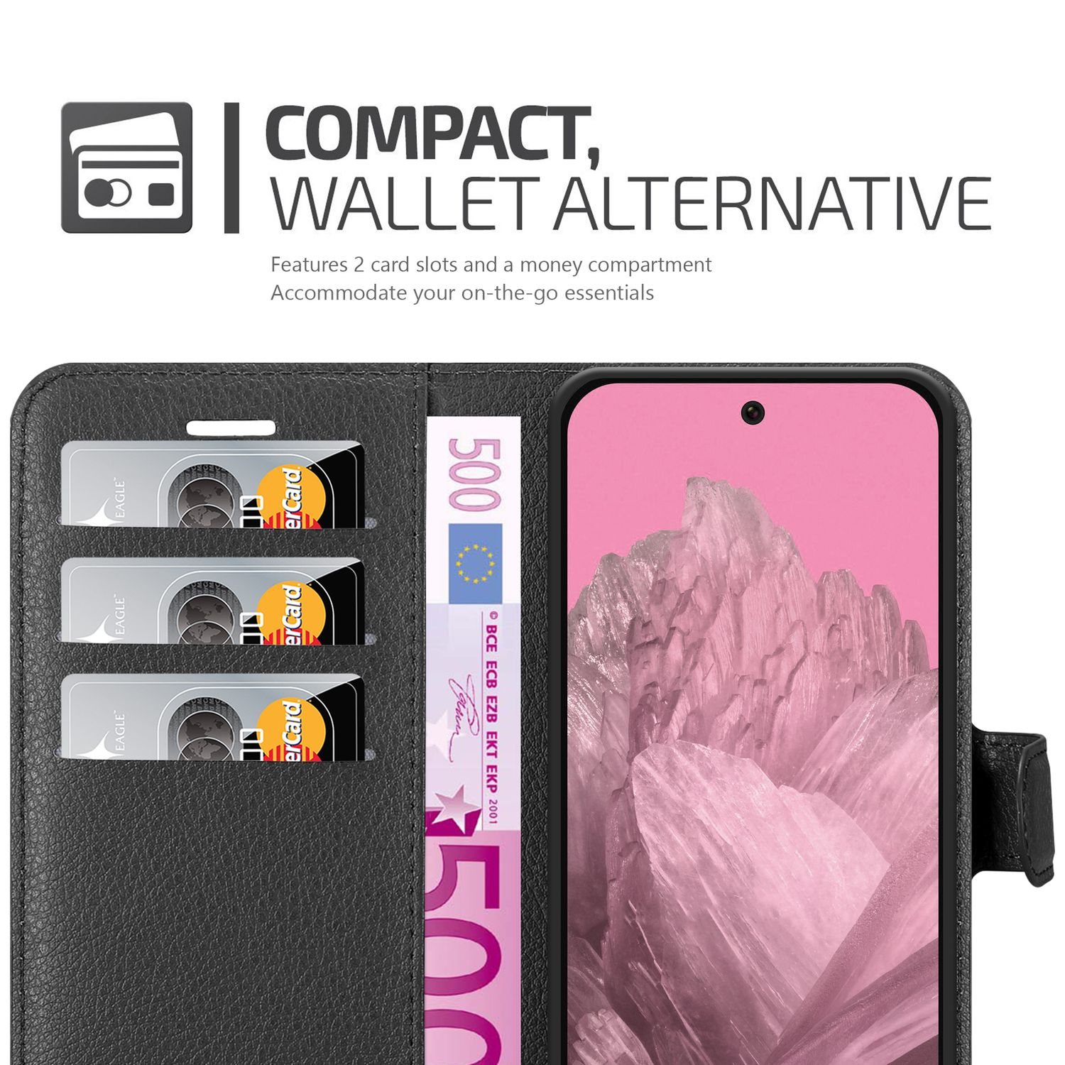 Schwarzes Handycase geöffnet, mit 3 Kartenfächern und Geld. Ein rosa Telefon befindet sich darin. Es ist eine Alternative.
