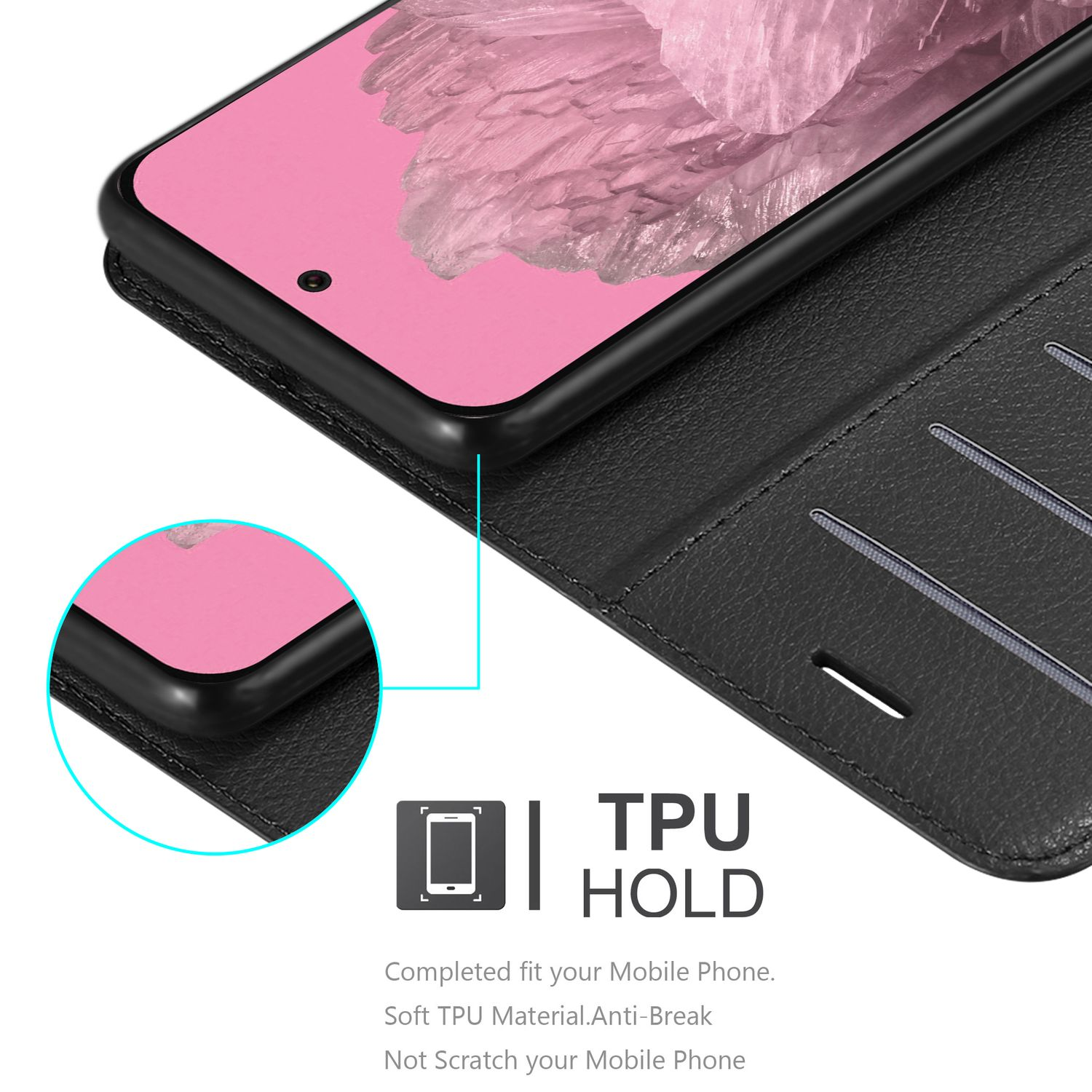 Eine schwarze Handyhülle mit einem pinken Telefon. Text: TPU HOLD. Materialinformationen und Funktionen sind aufgeführt.